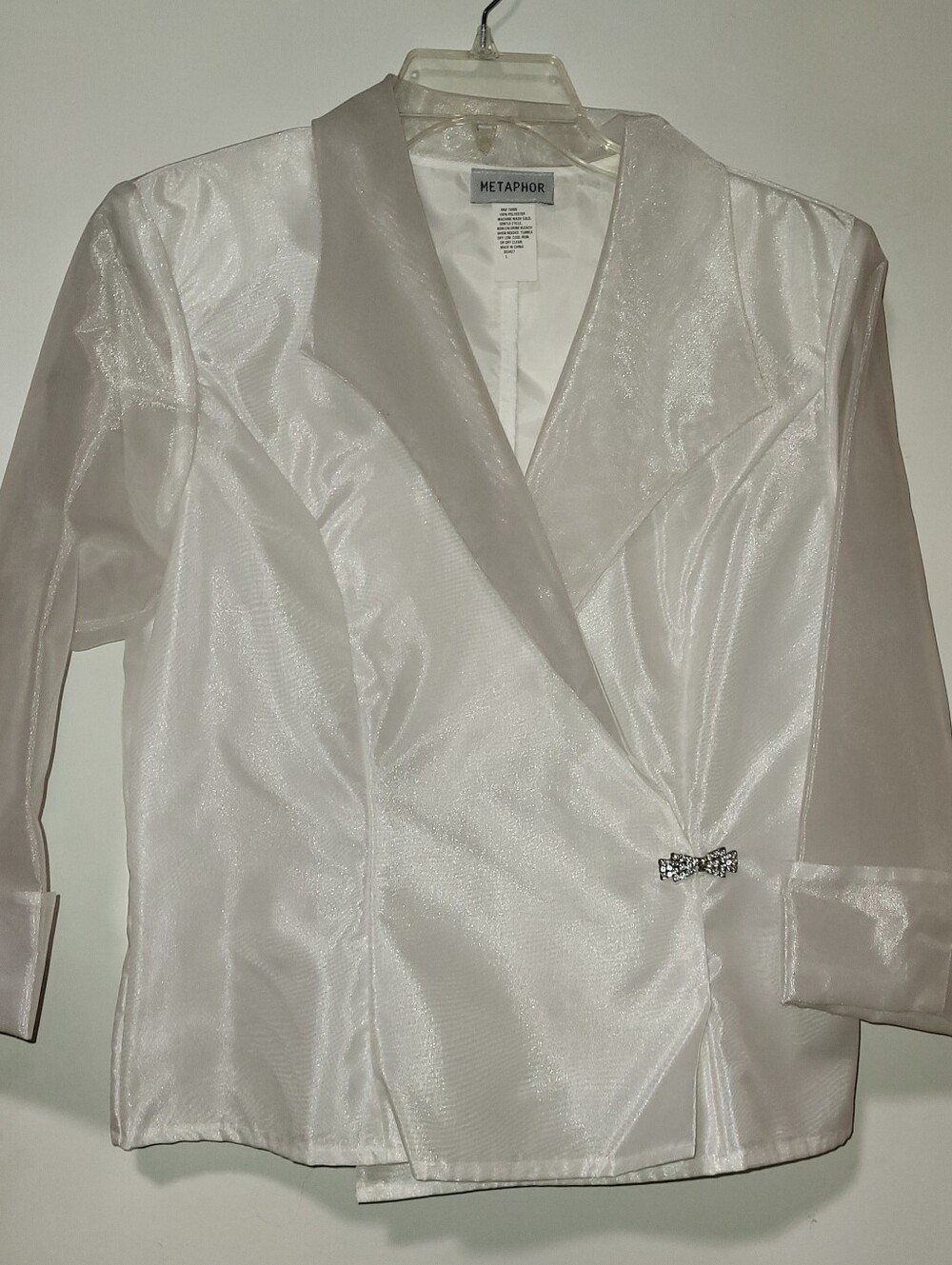 Metaphor Women's White Sheer Sleeve Satin  with Rhinestone Accent Blouse